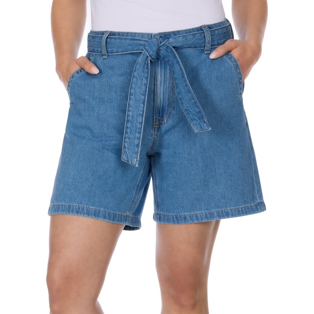 NWT Tommy Hilfiger Women High Rise 6" Rigid Denim Tie Waist Shorts Med Blue SZ 8